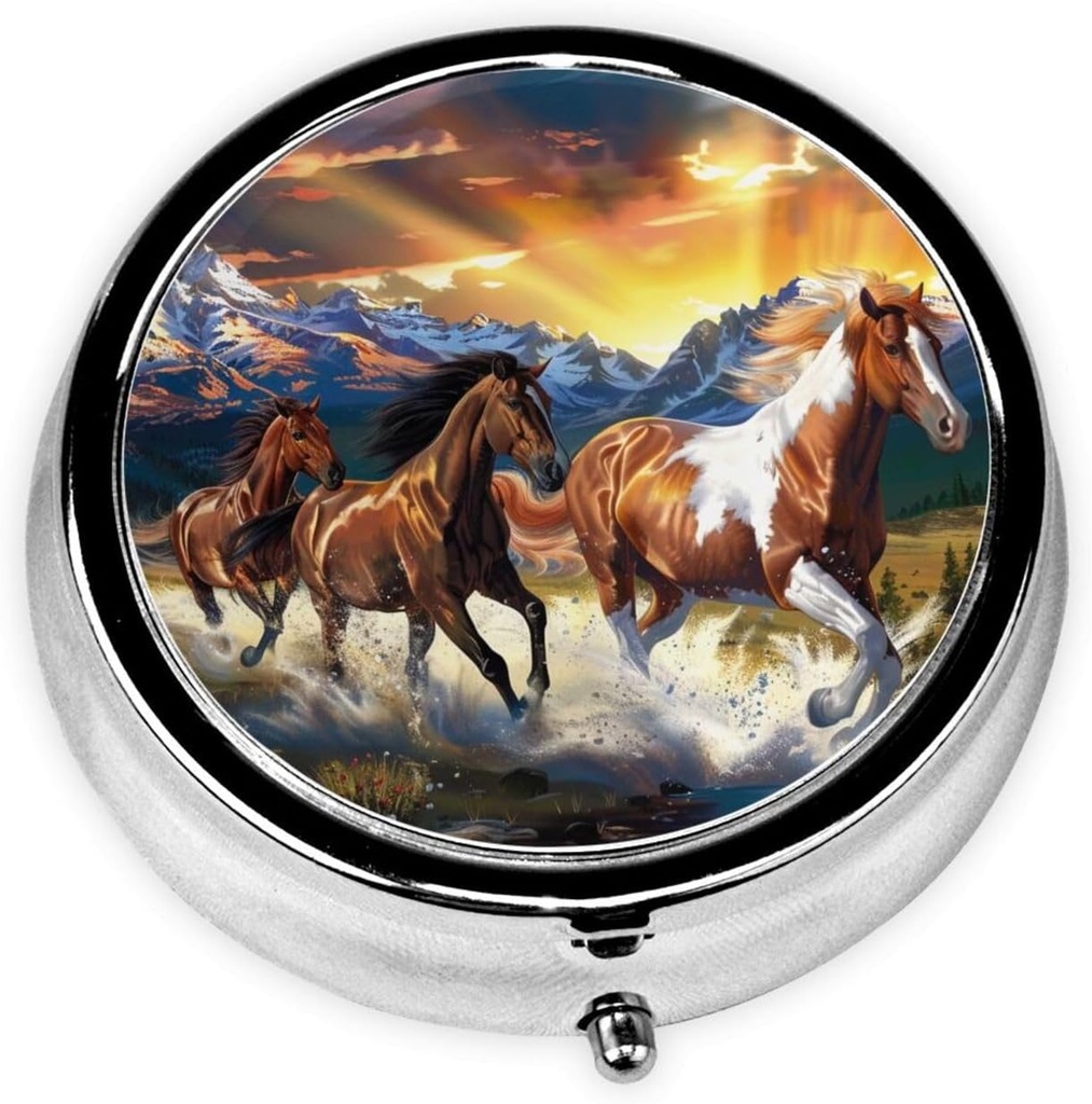 Running Horses Printed Round Pill Organizer with 3 Compartments, Portable Mini Pill Box Pill Case for Medicine, Vitamin, Fish Oil, Supplements