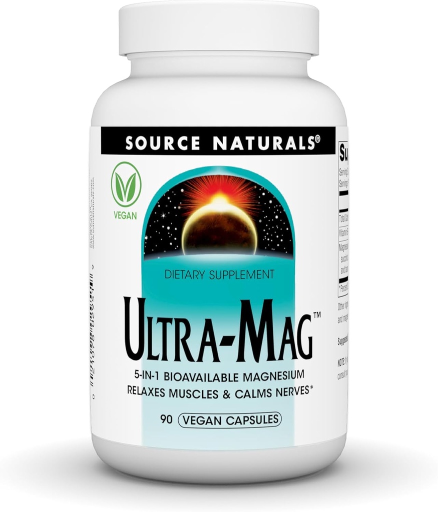 Fuente Naturales Ultra-Mag, Suplemento dietético vegano, 5-in1 Magnesio biodisponible, Relaja los músculos y calmas Nerves*, Vegan Capsules (90)