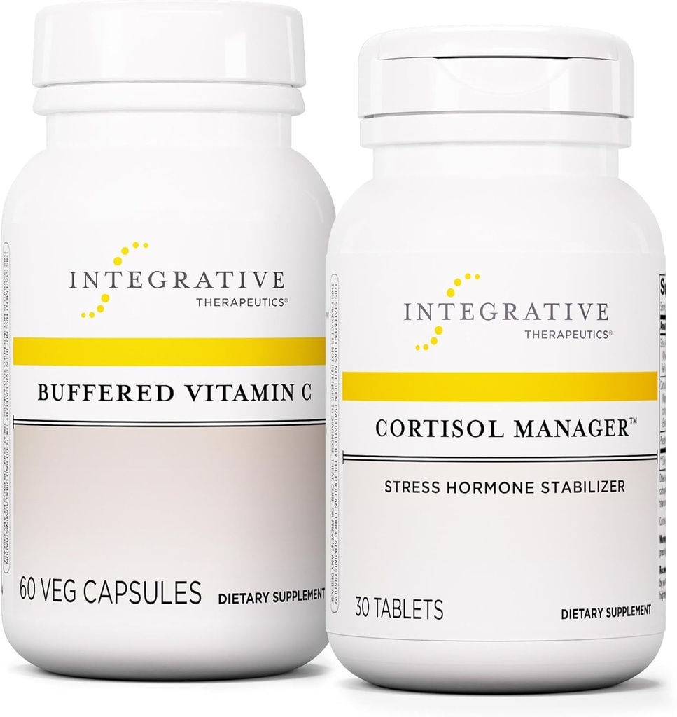 Terapéutica Integrativa Bundle con Cortisol Manager, 30 Tabletas - Vitamina Buffered Capsules 1000 mg, 60 cápsulas Vegan - Suplemento de estrés con Ashwagandha* - Suplemento de inmuno con antioxidantes*