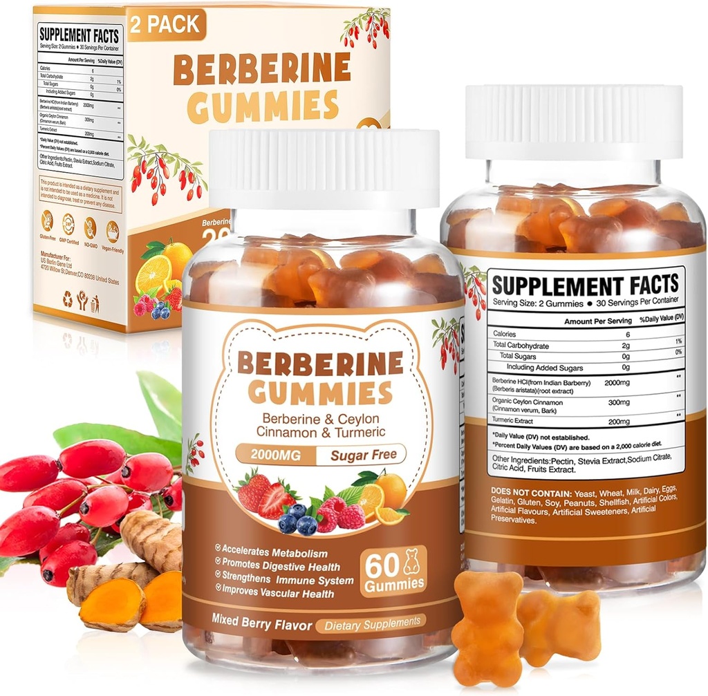 120 Count Berberine Extract Gummies 2000mg Natural Organic Berberine Extract HCI Supplement with Ceylon Cinnamon Turmeric for Women Men Support Digestive Immune System Metabolism Mixed Berry Flavor