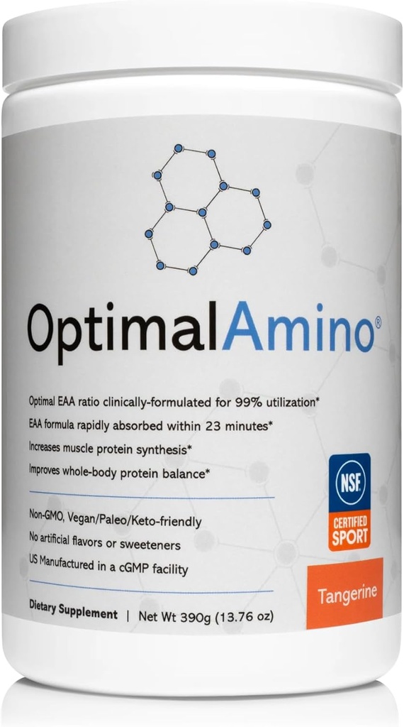 OptimalAmino Amino Acid Powder | 99% Utilized Essential Amino Acid (EAA) Supplement | Pre/Post Workout & Muscle Recovery | NSF for Sport Certified | Tangerine Flavor