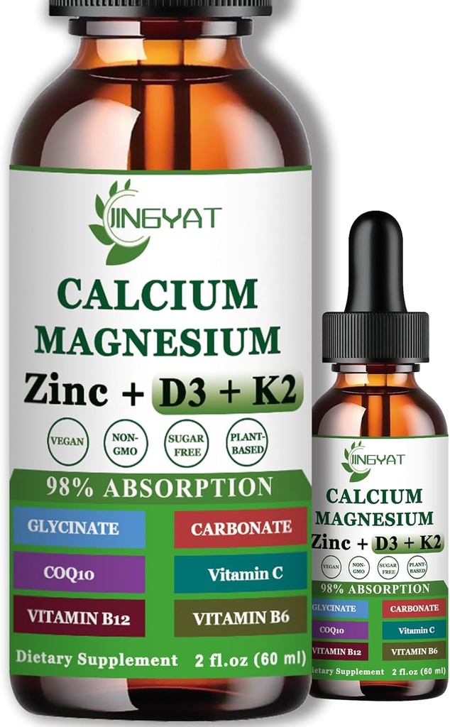 Calcio Magnesio Zinc gotas líquidas, Magnesio líquido Glycinate 500mg Calcio 1000mg con vitamina D3,K2,B6,B12,Coq10 para fuerza ósea, función muscular,6X más fuerte que las Gummies cápsulas