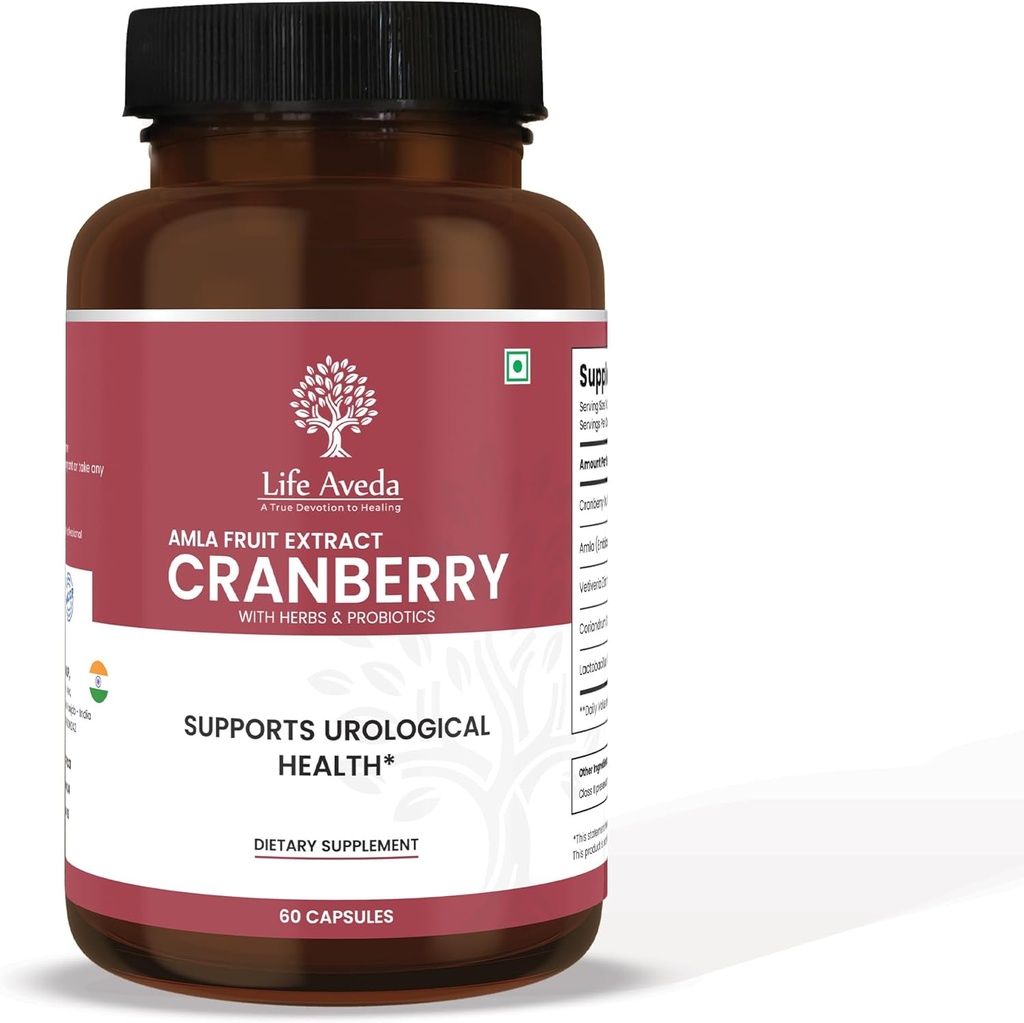 Life Aveda Cranberry &amp; Amla Fruit Extract Supplement with 3 Billion CFU Probiotics ← Apoyo a la vejiga, el riñón &amp; la salud del tracto urinario ← Antioxidante " Detox Support ← 60 cápsulas (2 Month Supply)