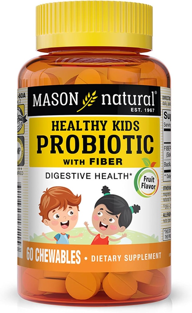 MASON NATURAL Healthy Kids Probiotic with Fiber - Healthy Digestive Function, Mejor Gut Health, 60 Chewables