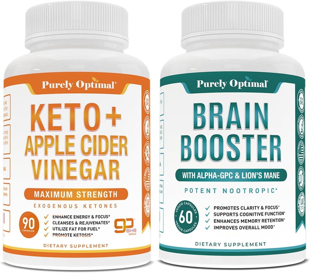Purely Optimal Premium Keto Pills + Apple Cider Vinegar Capsules with Mother + Premium Brain Supplement - Nootropic Brain Booster for Focus, Clarity, Improved Memory, Concentration & Better Mood