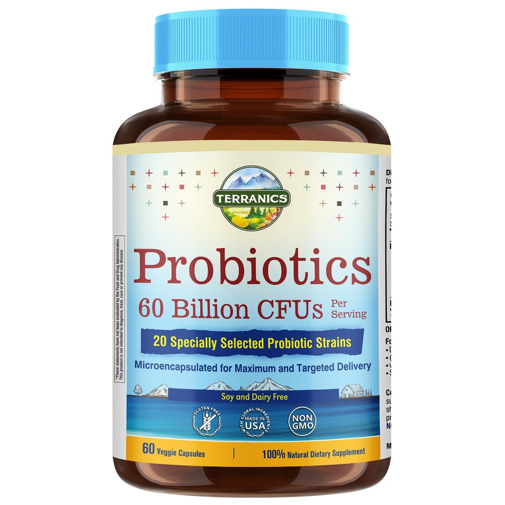 Terranics Probiotics 60 Billion CFU, 20 Strains, 60 Veg Capsules, Prebiotics & Probiotics, Shelf Stable Probiotic Supplement for Men & Women, Non-GMO, NO Soy, Dairy & Gluten