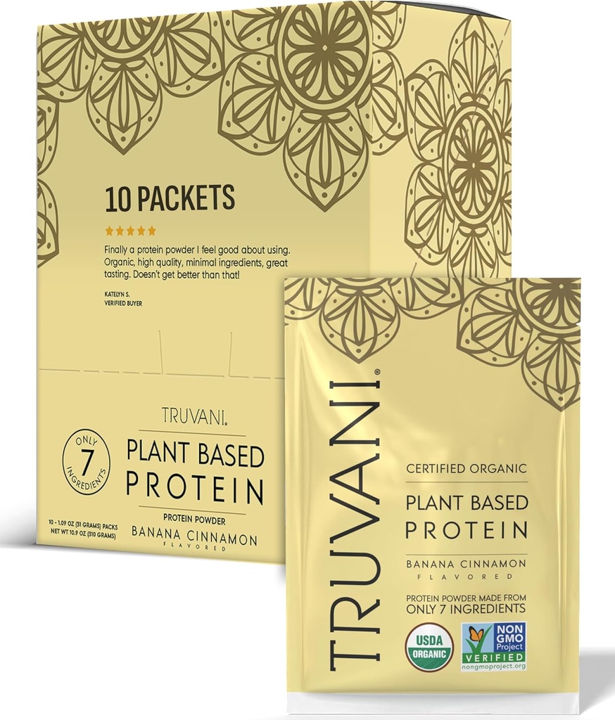 Truvani Vegan Pea Protein Powder ← Banana Cinnamon Silencio 20g Orgánica Planta Basada Proteína Silencio Única Serving Travel Packets Silencio 10 Servings ← Keto  Gluten & Dairy Free Silencio Bajo Carb Silencio No Añadido Sugar