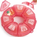 Round Weekly Pill Organizer, TPU Rubberized, Travel Pill Container 7 Day, with 7 Large Compartments, Great for Daily Vitamins & Supplements, Cute Pill Case with Large Letters and Braille (Rose)
