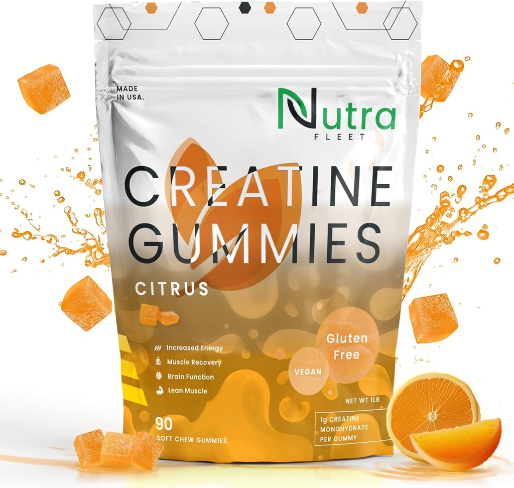 Cretina Monohydrate Gummies - 5g Chewable Monohydrate gummy para Hombres &amp; Mujeres - Aumentar la fuerza, Muscle builder - Boost Energy & Focus - Baja calorías, Vegan &amp; Gluten libre ← 90 cuentan Citrus