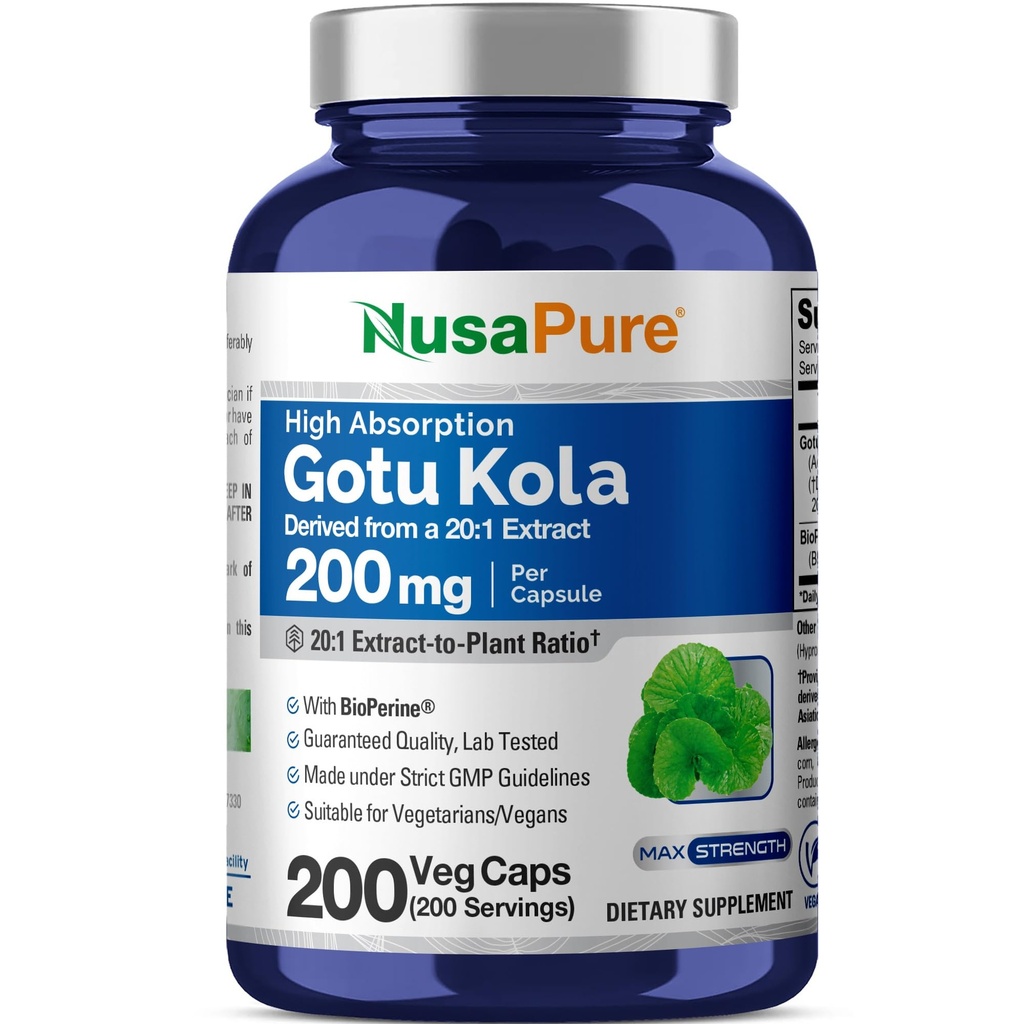 NusaPure Gotu Kola Capsules 20:1 Extracto, 200 mg Equivalente a 4000mg Por Veggie Caps, 200 Conde, No GMO, Vegan, Bioperina - Extracto de hierba tradicional