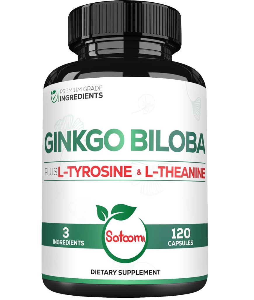 Satoomi 1000mg Ginkgo Biloba Supplements with L-Tyrosine, L-Theanine - 120 Capsules for 2-Month Supply - Support Focus, Mermory Function, Brain Health & Vision Quality