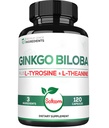 1000mg Ginkgo Biloba Suplementos con L-Tyrosine, L-Theanine - 120 cápsulas para fuente de 2 meses - Apoyo Focus, Función de Mermory, Salud cerebral y calidad de visión