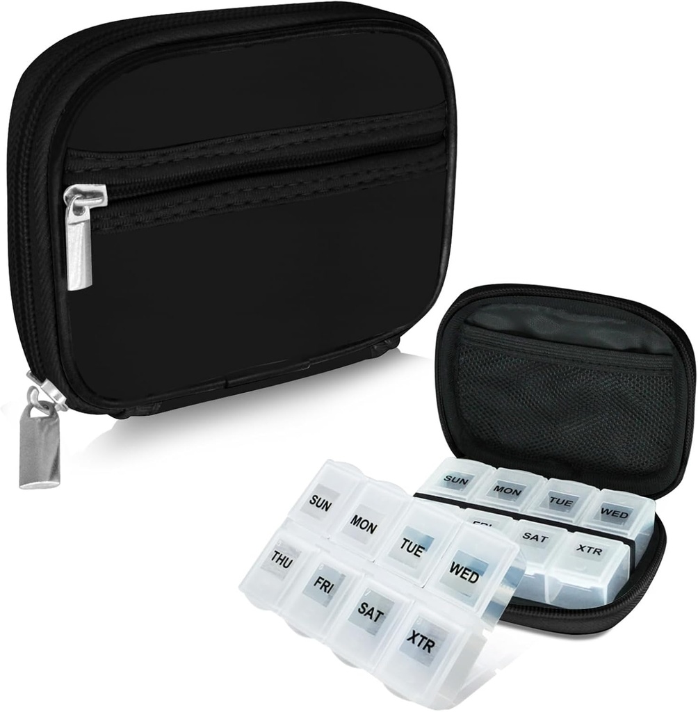 Serfeymi Caja de píldoras de viaje semanal para fines con caja extraíble de 7 días, caja de píldoras de viaje de moda Organizador de píldoras para la medicina, vitamina, suplemento - Negro 01 + caja de píldoras