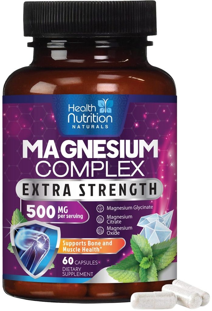 Complejo de magnesio capsules 500 mg con óxido, glinato, malate, citrato - Complejo de alta absorción Suplementos minerales de magnesio - para el musculo, el hueso y la salud del corazón - 60 cápsulas