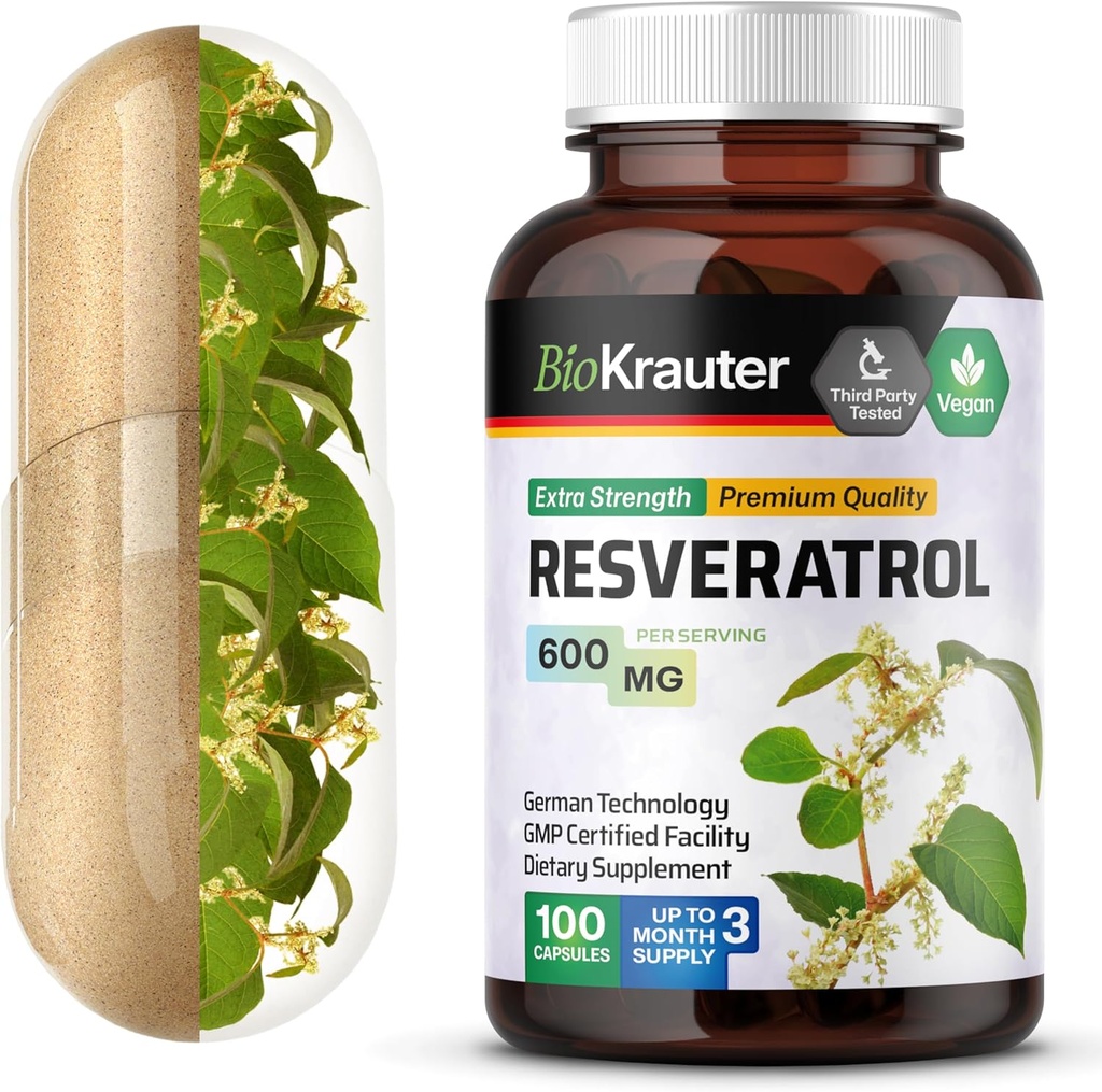BIO KRAUTER Resveratrol Supplement Capsules 600 mg - 100 Count - Natural Antioxidant Source - 98% Pure Trans Resveratrol Powder - Vegan
