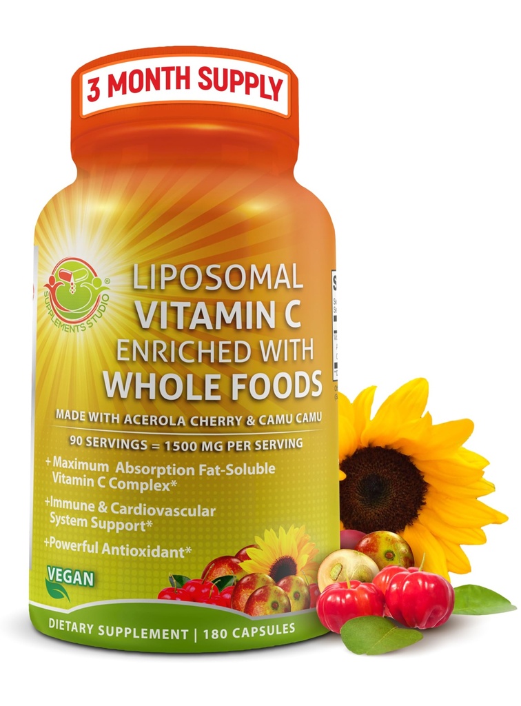 Liposomal Vitamin C Capsules - 1500mg - Made with Organic Acerola Cherries & Camu Camu, High Potency Vitamin C Liposomal - Immune Support Supplement, Enhanced Absorption & Bioavailability - 180 Count