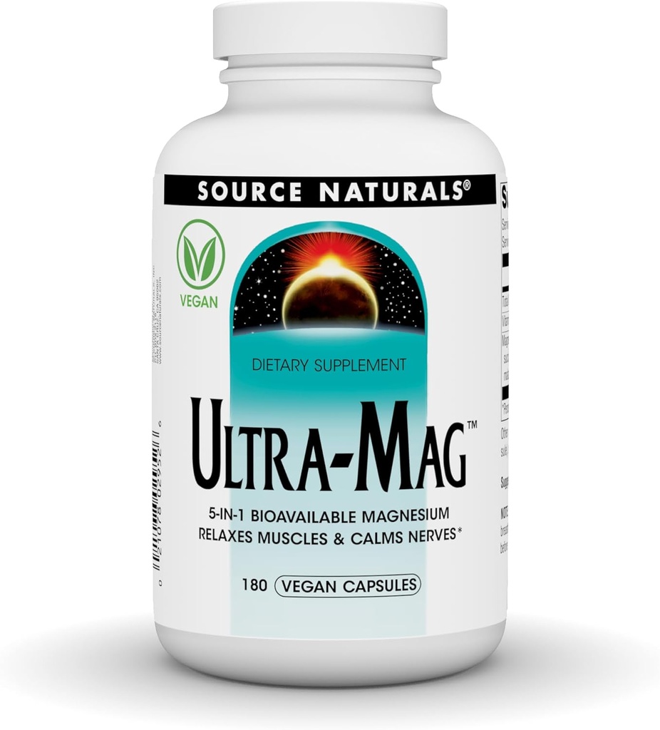 Fuente Naturales Ultra-Mag, Suplemento dietético vegano, 5-in1 Magnesio biodisponible, Relaja los músculos y calmas Nerves*, Vegan Capsules (180)