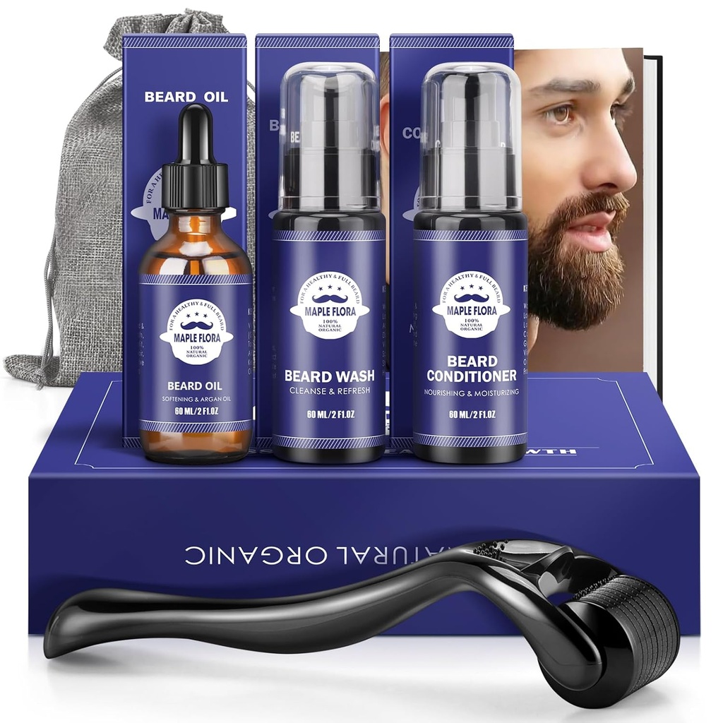 Beard Gift Kit - Oil,Wash,Conditioner, Roller (Needle Length: 0.25mm) for Beard, Storage Bag,Mustache Gifts Set for Boyfriend Husband Fathers Dad Men Him