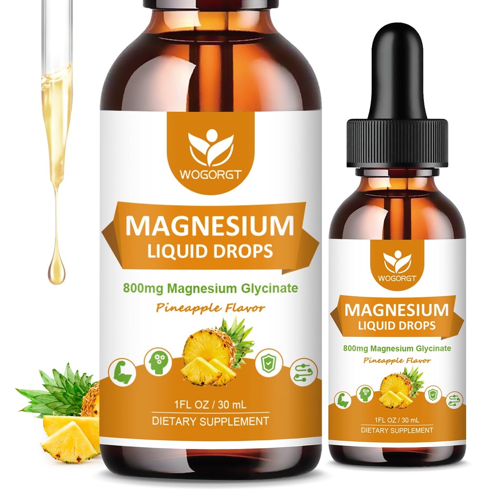 Gotas líquidas Glycinate de Magnesio con Citrato & Taurate - Cognición, Muscle & Focus, Suplemento Complejo de Magnesio Líquido con Vitamina D3, GABA, L-theanine, Pineapple Flavor - 1 Fl Oz (2 Pack)