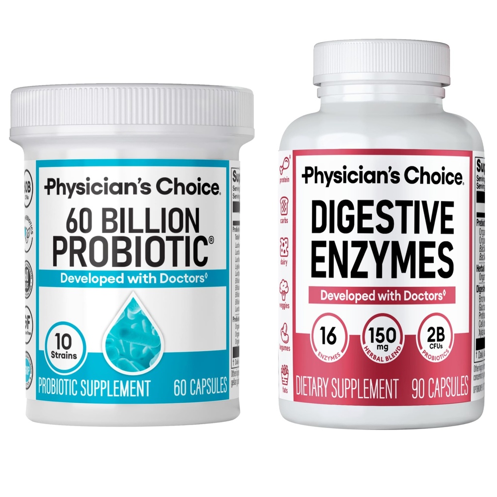 Fisiciano's CHOICE - Optimal Gut Health Bundle: 60 Billion Probiotic 60ct + Digestive Enzymes 90ct for Digestive Comfort and Immune Support