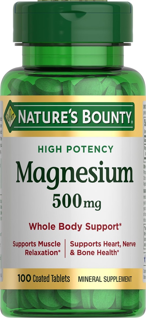 Nature's Bounty Magnesium, Mineral Supplement, Supports Bone and Muscle Health, 500 mg, Coated Tablets, 100 Count