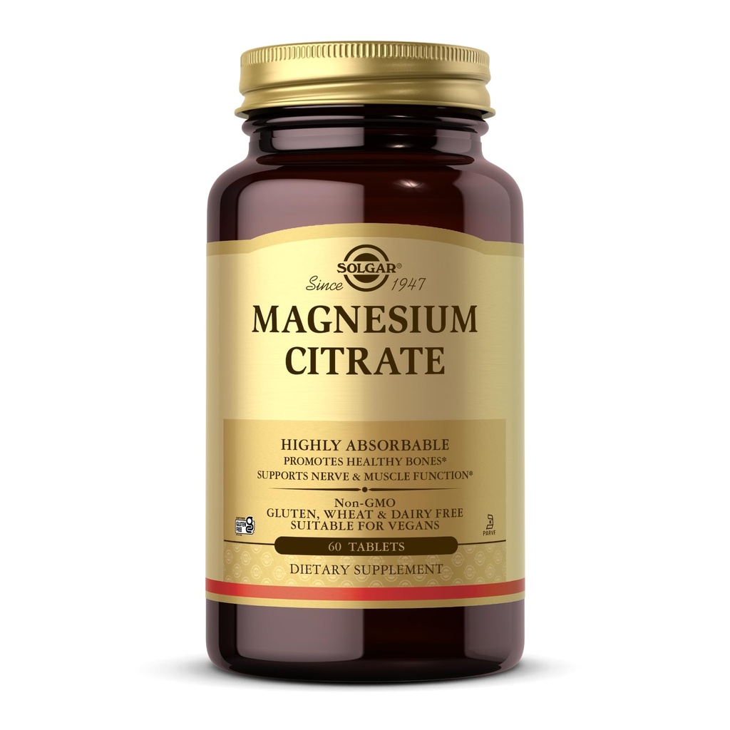 Citrato de Magnesio Solgar - 60 Tabletas - Promueve Huesos Saludables, soporta Función Nerve &amp; Muscle - Altamente Absorbable - No GMO, Vegan, Gluten Gratis, Kosher - 30 Serviciones