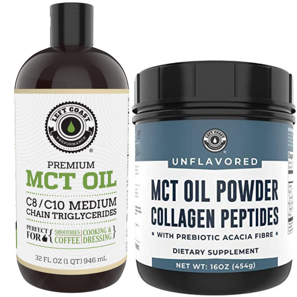 Costa izquierda Performance 32oz Premium MCT Oil and 16oz Desflavored MCT + Collagen Powder