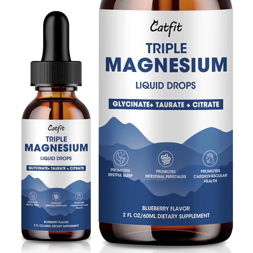 gotas líquidas Glycinate de Magnesio con Taurate & Citrato, Suplemento de Magnesio para el sueño, calma y relajación, con Potasio &amp; Omega-3, Fórmula de alta absorción, Blueberry Flavor, 2 Fl Oz