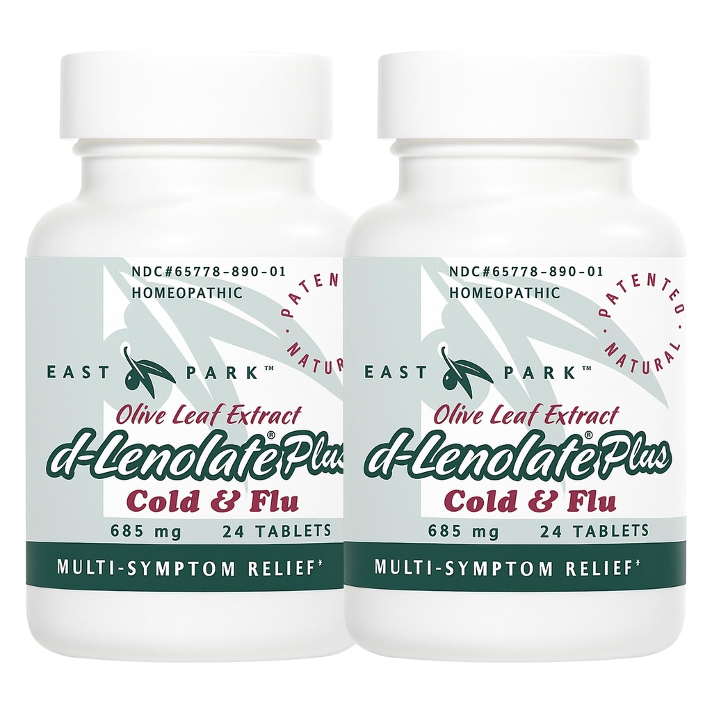EAST PARK d-Lenolate Plus Frío &amp; Flu Homeopático Remedy for Adults &amp; Kids TEN Immune System Booster with Olive Leaf Extract, Neem Leaf Extract &amp; Echinacea TEN 625mg, 24 Tablets Silencio Non-GMO (Pack of 2)