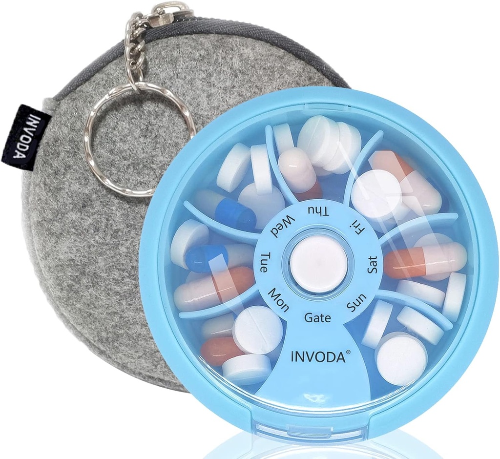INVODA Organizador semanal de píldoras 7 Caja de Píldora rotativa para medicamentos diarios & vitaminas - Caja de Píldora de Viaje Portable Suplementos de aceite de pescado Vitaminas Organizador (Blue+Bag)