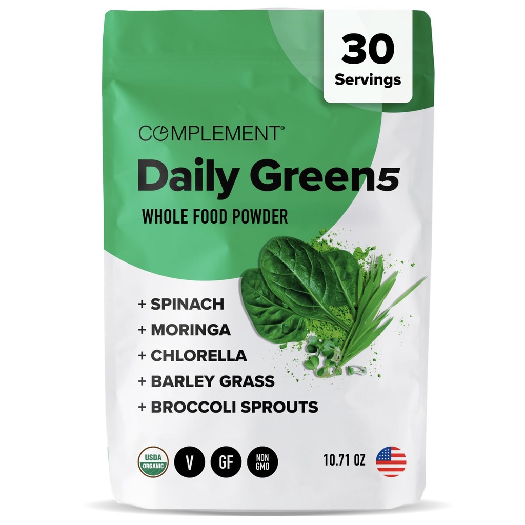 Complemento Daily Greens Powder, Super Greens Powder Superfood- Wholefood, Organic Chlorella Powder, Barley Grass Juice Powder, Broccoli Sprouts- Immune Support, Brain Health, Metal Detox- 30 Servings