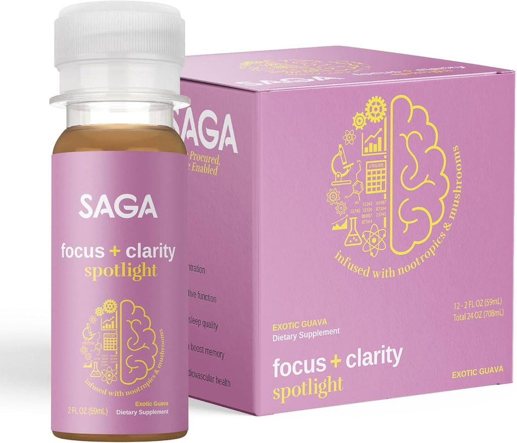 Zapatos de enfoque orgánico SAGA TENIDO Contiene Nootropics, Adaptogens, " Mushrooms - Bacopa " Ashwagandha TEN High Bioavailability & Fast Onset TEN No Jitters " Boosts Productivity TEN Exotic Guava 2oz Shots(12-Pack)