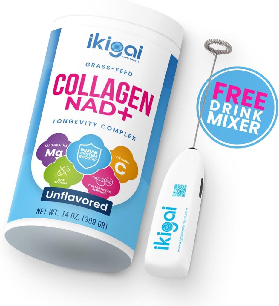 Ikigai Collagen with NAD+ (30 Servings) - Non-GMO, Gluten-Free, Paleo, Kosher - No Flavor, Incluye mezclador de bebidas gratis