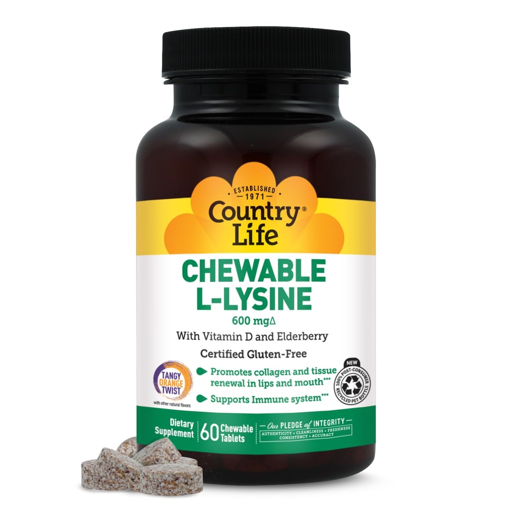 Country Life Chewable L-Lysine Suplemento con Vitamina D y Elderberry, Immune Support y Collagen Renewal for Skin Tissue, Ideal para adultos