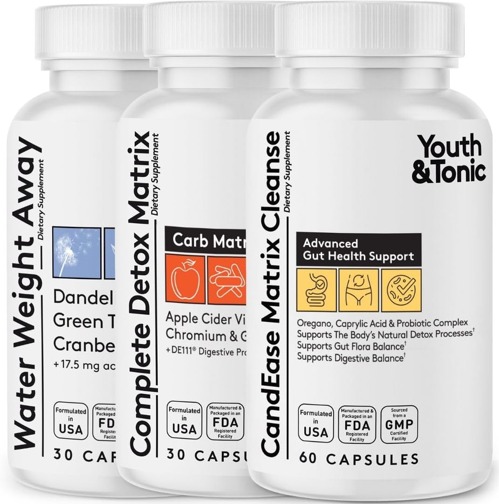 Whole Body Cleanse Detox Complete Matrix Pills | CandEase and Gut Cleanser and Water Away Bundle | Digestive System Cleansing Supplement Body Alkalize & Flush Out Excess Water to Help Detoxify
