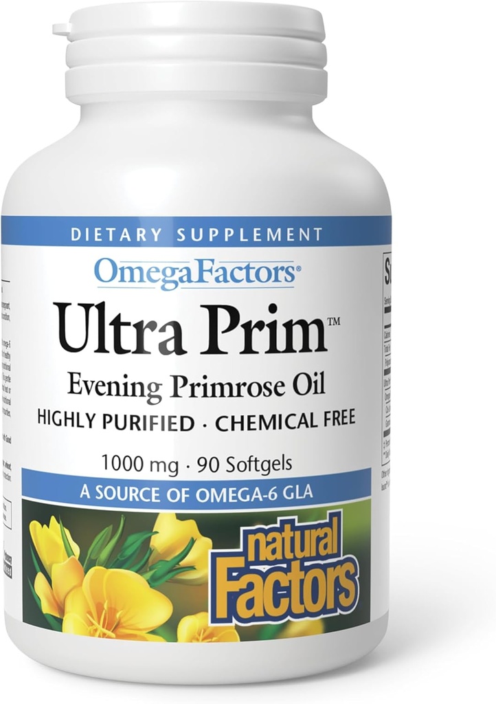 Natural Factores Ultra Prim Evening Primrose Oil 1000mg, A Natural Source of Omega-6 GLA, 90 Softgels