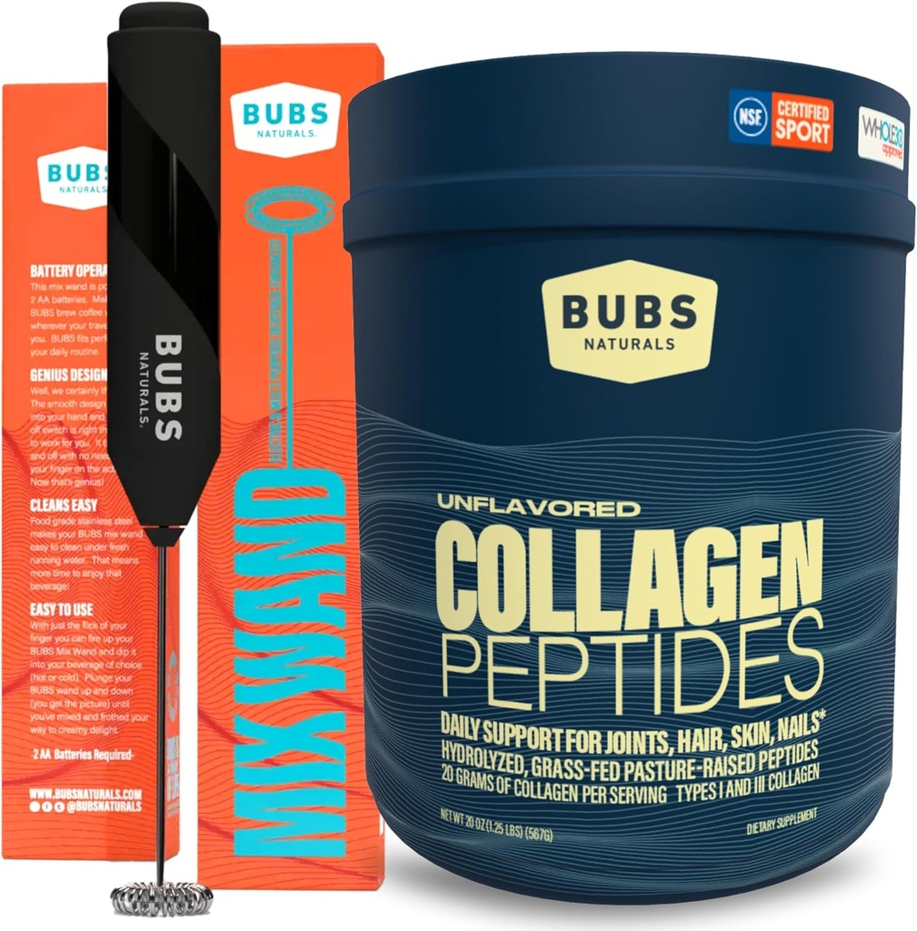 BUBS Naturals Collagen Peptides Powder & Mixing Wand Bundle, Collagen for Women ' Men, Hidrolyzed Peptides, Desflavored Pasture Raised Grass Fed, Keto Friendly, 20 oz Collagen Tub (28 Servings) +1 Wand