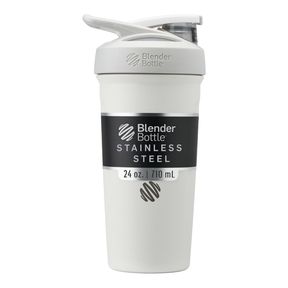 BlenderBottle Strada Shaker Cup Botella de agua de acero inoxidable aislada con Wire Whisk, 24 onzas, blanco