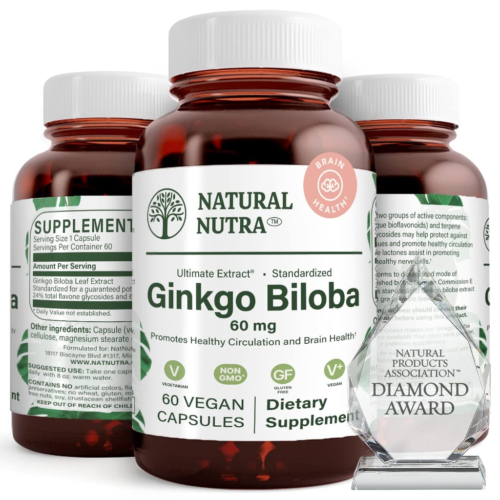 Natural Nutra Ginkgo Biloba, mejora la circulación al cerebro y aumenta la memoria, aumenta el flujo de oxígeno y mejora la función cerebral, apoya la salud del nervio, vegano y gluten libre, (60) cápsulas