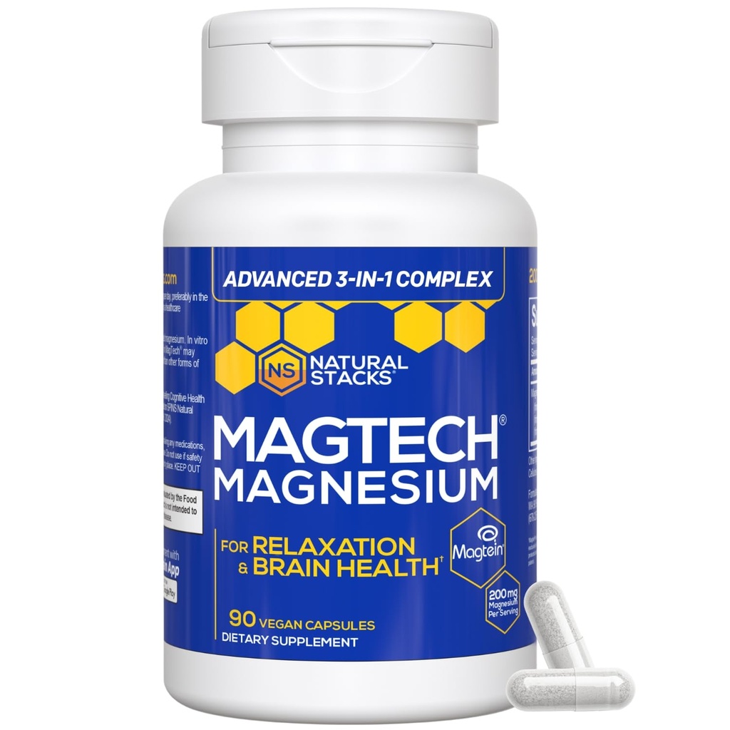 MagTech Magnesium Complex for Women & Men - 3 Forms of Magnesium: Glycinate, Magtein L-Threonate & Taurate - 200mg Chelated Complex - Support for Relaxation & Brain Health - 90 Glycinate Capsules