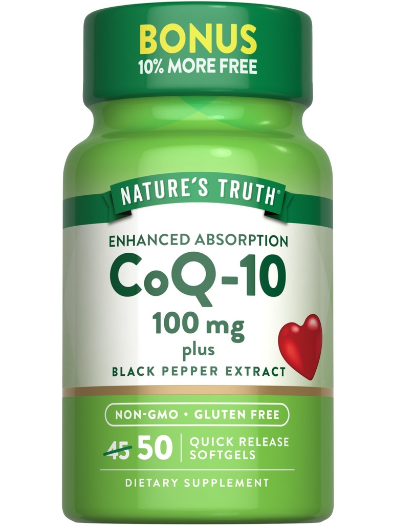 Nature's Truth CoQ10 100mg | 50 Softgels | Plus Black Pepper Extract | Non-GMO and Gluten Free Supplement