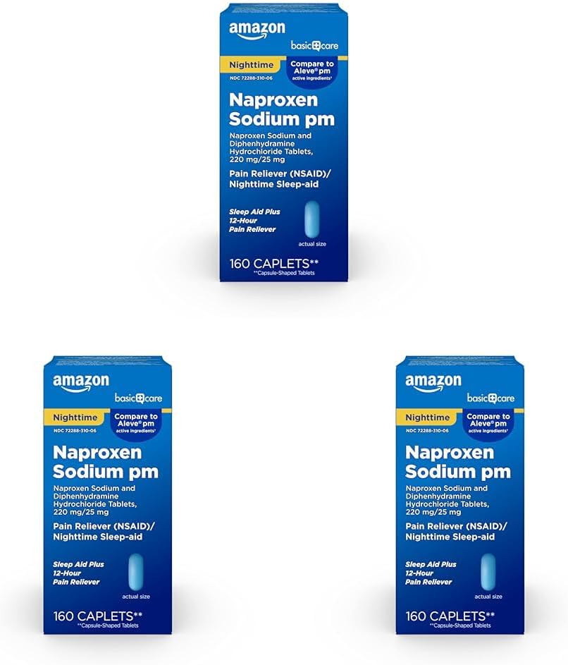 Cuidado básico Alivio de Dolor nocturno PM, Naproxen Sodium, 220 mg/ Hidrocloruro de Difenhidramina, 25 mg Tabletas, Dolor de Dolor/Aida de dormir nocturna, 160 Conde (Pack of 3)