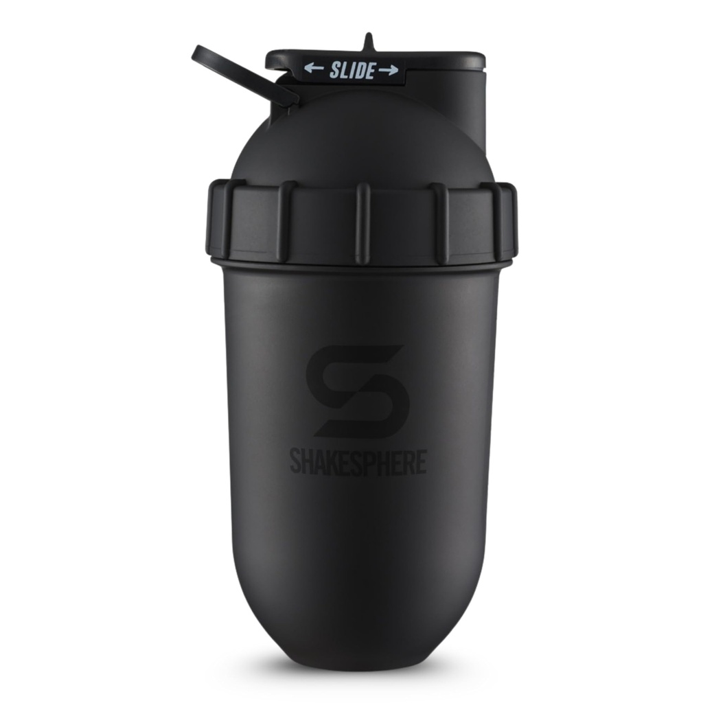 SHAKESPHERE Shaker Bottle - 24oz Leak Proof Protein Shaker Botella para Pre Workout, Smoothie y Powder Drink Mixer, No-Blade Mixer for Gym, BPA-Free, Easy Clean &amp; Easy to Carry (Matte Black)