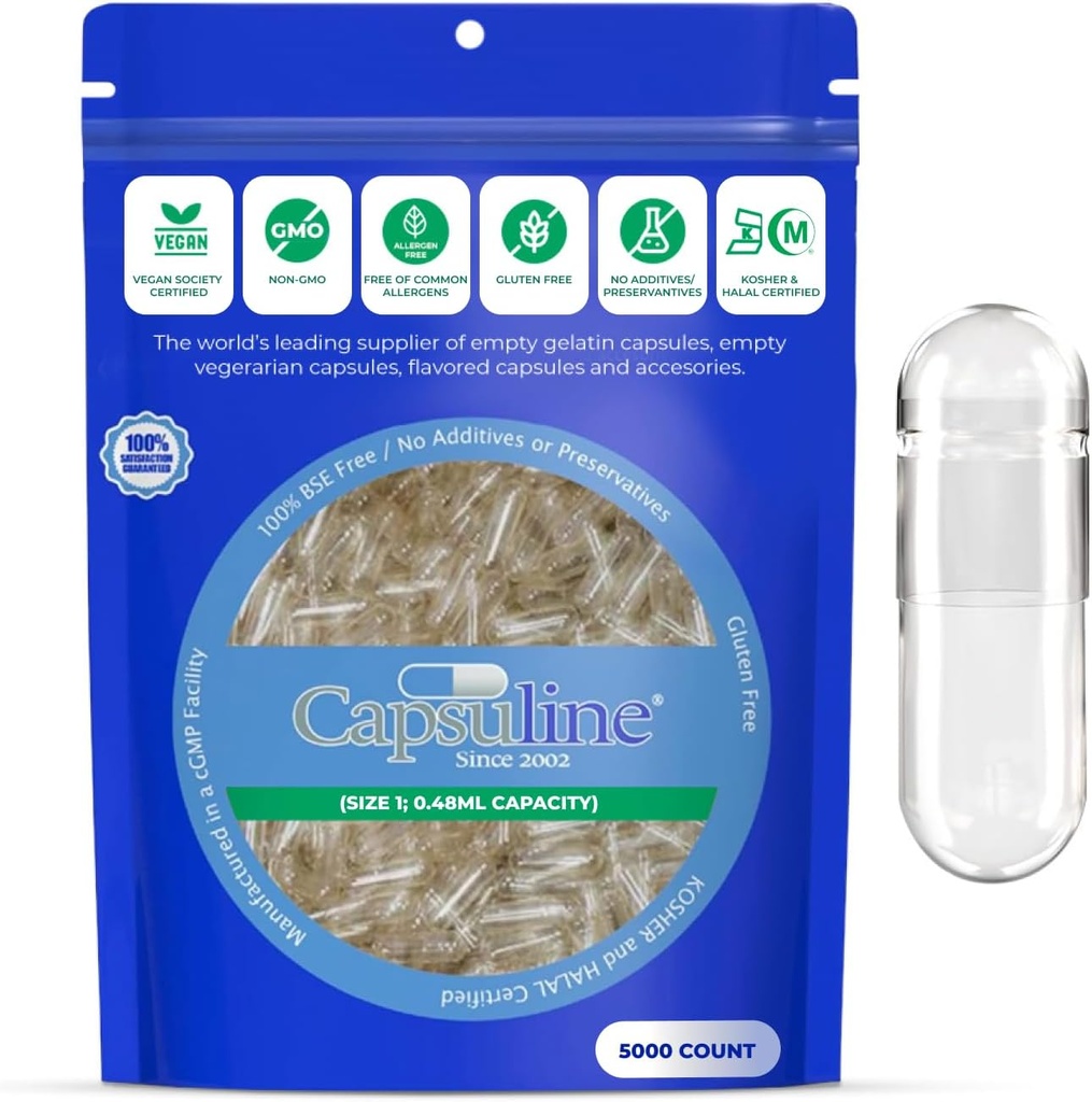 Capsulina Tamaño 1 - Cápsulas Veganas vacías - 5000 Conde - Cápsulas Veggie Vacío - DIY Cápsula de Vegetal - Cápsulas vacías - Certificado de Kosher y Halal - Certificado no GMO