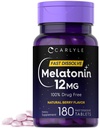 Carlyle Melatonin 12 mg Fast Dissolve 180 Tablets ← Drug Free TEN Natural Berry Flavor ANTE Vegetarian, Non-GMO, Gluten Free