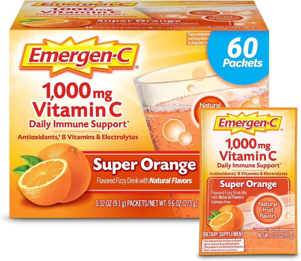 Emergen-C 1000mg Vitamin C Powder for Daily Immune Support Caffeine Free Vitamin C Supplements with Zinc and Manganese, B Vitamins and Electrolytes, Super Orange Flavor - 60 Count/2 Month Supply