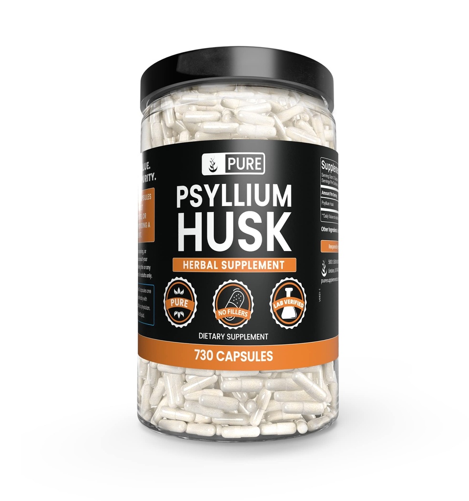 PURE ORIGINAL INGREDIENTES Psyllium Husk (730 capsules) No hay magnesio o rifles de arroz, siempre puro, lab Verificado