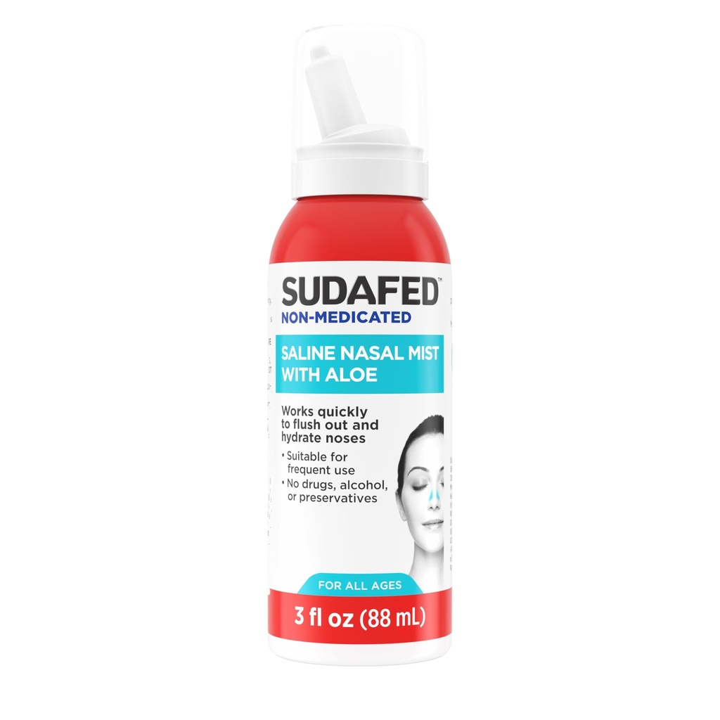 Sudafed Non-Medicated Saline Nasal Mist with Aloe, Sinus Saline Nose Spray for All Ages Quickly Flushes & Moisturizes Nasal Passages, Use Nasal Mist as A menudo As Needed, Drug-Free, 3 fl. oz