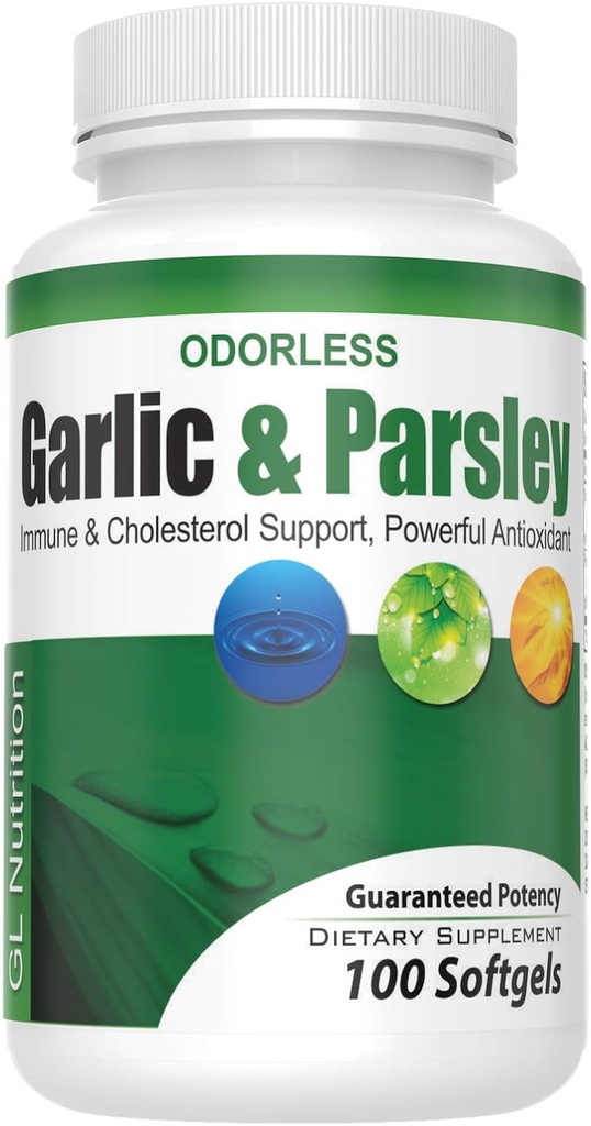 Odorless Garlic and Parsley Softgels by GL Nutrition | All-Natural Detox That Boosts Immunity & Metabolism, Supports Heart Health & Cholesterol Levels 100:1 Extract | 100 Count