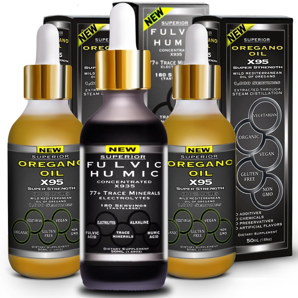 Fulvic Humic Acid Ionic Trace Minerales con electrolitos Suplemento líquido y gotas de aceite de orégano Super Fuerza Más Versátil Luego aceite de orégano Softgels y cápsulas